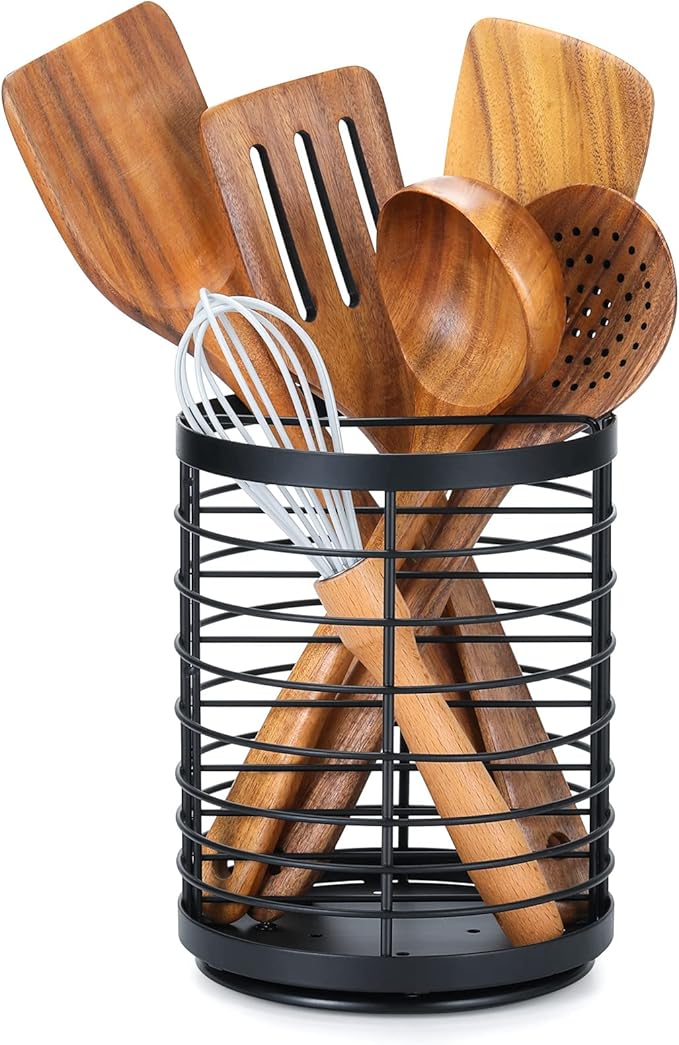 360° Rotating Utensil holder for Kitchen Counter,5.9"x5.9"x7.8" Large Round Utensils Holder with Wooden Base Matte Black Cooking Utensil Holder，Kitchen countertop Utensil Organizer (Rotating+Metal)