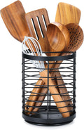 360° Rotating Utensil holder for Kitchen Counter,5.9"x5.9"x7.8" Large Round Utensils Holder with Wooden Base Matte Black Cooking Utensil Holder，Kitchen countertop Utensil Organizer (Rotating+Metal)