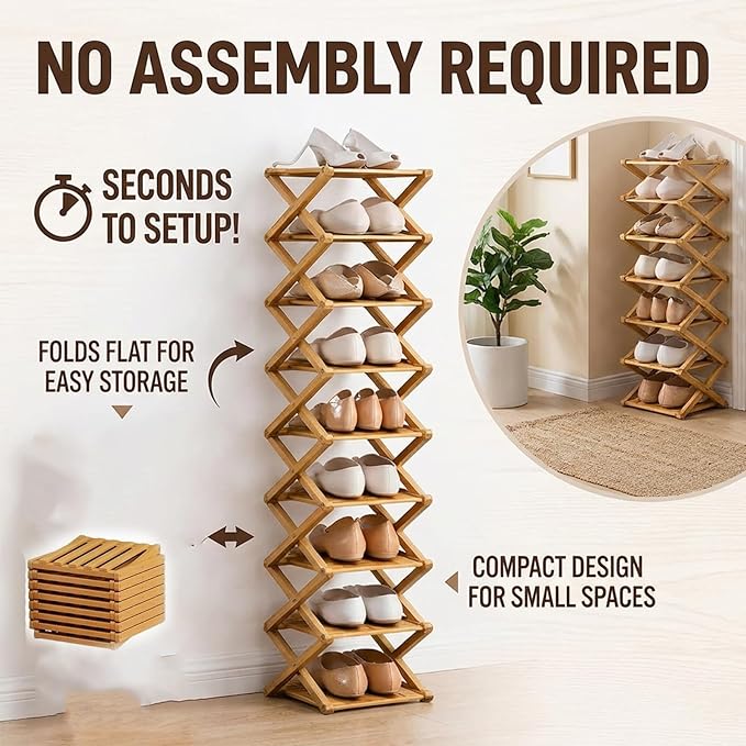 9 Tier Bamboo Shoe Rack, Foldable Shoe Rack, Shoe Rack, Ertical Shoe Organizer for Small Spaces, No Assembly Narrow Shoe Shelf for Entryway Closet Dorm (Yellow, 2 Layers)