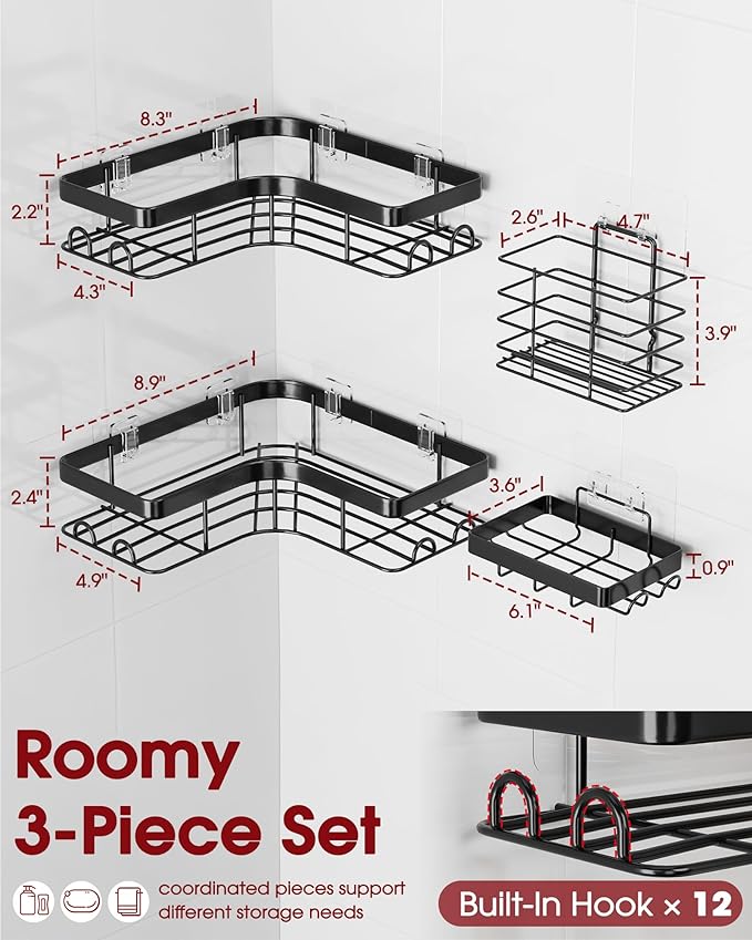 Corner Shower Caddy - 4-Pack Shower Organizer with Soap Holder & Toothbrush Holder, Rustproof Metal Shower Shelves, Laundry, Kitchen, Bathroom Organizers and Storage Solution, Large, Black