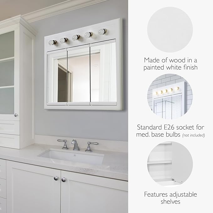 Design House Concord Medicine Cabinet, 3 Mirrored Doors, Pre-Assembled, Surface Mount, 5 Lights, White Wood Frame Wall Cabinet, 36 in W x 5 in D x 30 in H, 532390-WHT