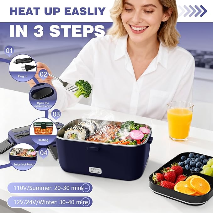 Electric Lunch Box for Adults, 2.8L Double Layer 100W Fast Heated Lunch Box, Heating Food Heater Warmer for Home Office Car Truck Use, Extra Large Lonchera Electrica Portátil 12/24V/110-230V, Blue