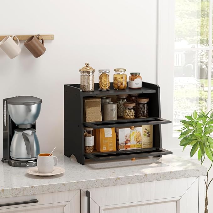 Large Bread Box for Kitchen Countertop, Double Layer Breadbox Bread Container Storage with Acrylic Door, Wooden Farmhouse Bread Holder (Black, Large-16.54" L x 9.84" W x 14.96" H)