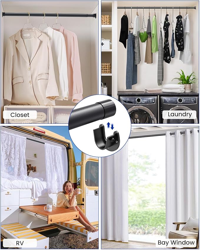 2 PACK Closet Rods for Hanging Clothes, 17 to 54 Inches Stepless Adjustable Metal Closet Rod, 1.3 Inches Heavy Duty Clothes Hanging Rod for Closet Wardrobes Laundry RV, Black
