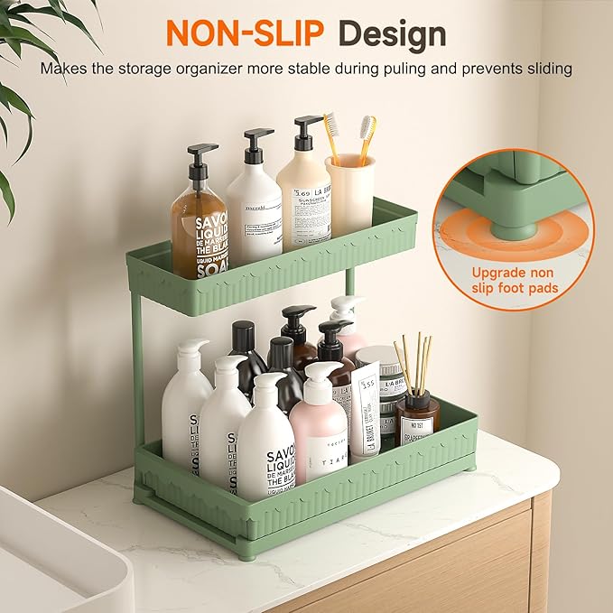 3 Pack Multi-Purpose Under Sink Organizers and Storage, 2026 L-Shaped Pull Out Cabinet Organizer for Bathroom & Kitchen, Under Cabinet Organizer with Hooks Hanging Cup (Green, 14.85 inch)