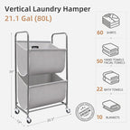 STORAGE MANIAC 80 Liters Vertical Rolling Laundry Hamper, 2 Section Laundry Sorter with Wheels and 2 Breaks, 2-tier Laundry Baskets for Small Space, Dorm, Laundry Room, Closet, Bathroom, Gray 2-tier