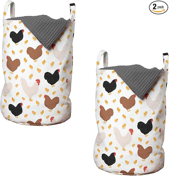 Ambesonne Hen and Chicks Laundry Bag Pack of 2, Farm Themed Continuous Pattern with Cartoon Domestic Birds and, Hamper Basket with Handles Drawstring Closure, 13" x 19", Black Brown