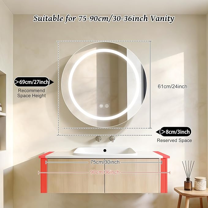 24inch Round Medicine Cabinet with Lights,Led Medicine Cabinet with Defogger,Illuminated Mirror Cabinet for Bathroom,Dimmable,Anti-Fog,3 Colors,Surface Mount Only,Black