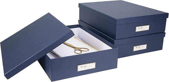Bigso Oskar Fiberboard Label Frame Document Letter Box - File Organizer Box for Important Paperwork - Document Storage with a Lid & Metal Label Window - 3.3 in x 10.2 in x 13.8 in - Dark Blue