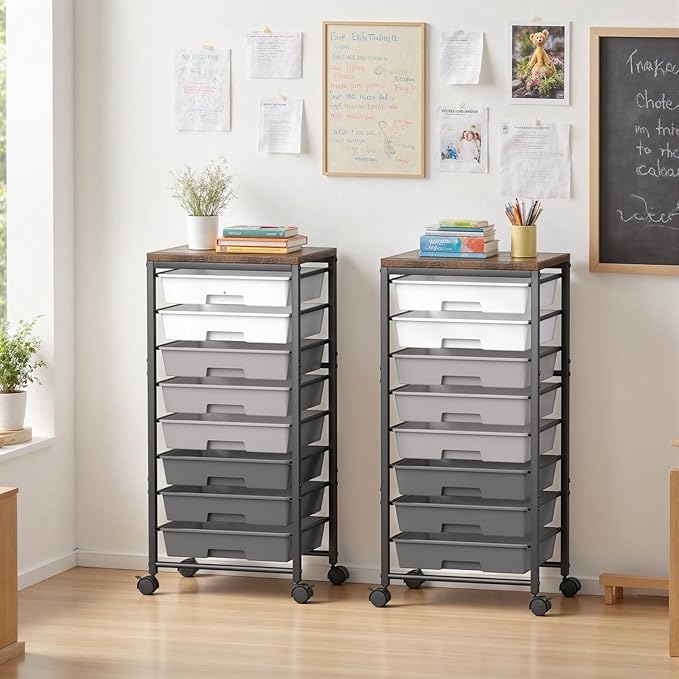 Rolling Cart with 8 Drawers, Plastic Drawer Storage Carts with Wheels & Wooden Tabletop, Metal Utility Cart Organizer for Bedroom Living Room Office Classroom Craft Organization and Storage, Grey