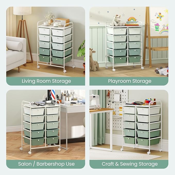 RELAX4LIFE Rolling Storage Cart with 10 Drawers - Craft Storage Cart w/Lockable Wheels, Utility Cart, Art Cart Organizer for School Studio Office Home, Utility Cart on Wheels (Gradient Green)