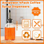 7oz Glass Coffee Syrup Dispenser, 4-Pack Complete Set with Funnel, Brush, Stoppers & Accessories - Syrup Bottles for Coffee Bar with Metal Pour Spout, Ideal for Maple,Oil, Vinegar,Cooking wine
