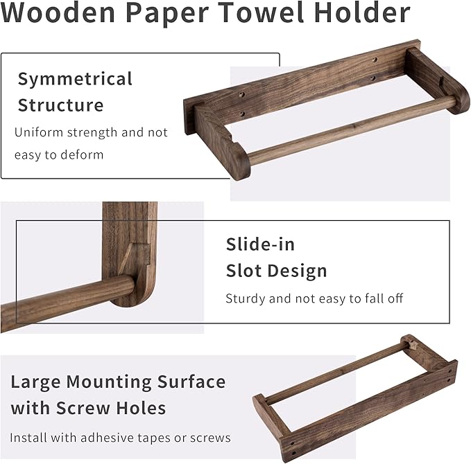Wood-Paper-Towel-Holder-Under-Cabinet-Kitchen-Handmade - Wall Mounted/Adhesive No Drill Sturdy Roll Hanging Organizer, Horizontal Papertowel Dispenser Easytear, Handcraft Decor Gift Real Woodwork Home