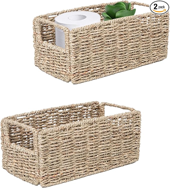 YRMT Small Seagrass Storage Basket Toilet Paper Baskets with Built-in Handles Bathroom Organizer Narrow Baskets for Organizing Toilet Tank 2 Pack (Seagrass)