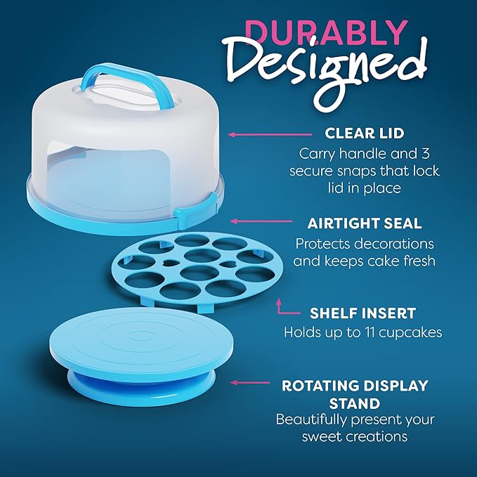 Cake Cupcake Carrier with Lid and Handle + Cake Stand Plate with Dome | 10" Round Cake Container Holder with Cover | Plastic Pie Carrier Cake Storage Container | Bunt Keeper Platter Tray for Transport