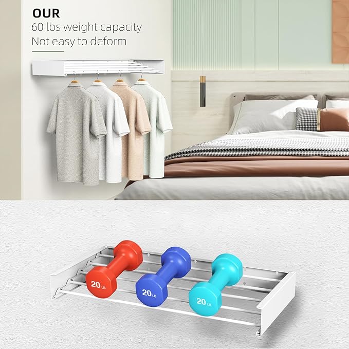 Laundry Drying Rack, Collapsible Wall Mounted Clothes Drying Rack - Drying Rack Clothing Foldable,Space Saving, 31" Wide, 13.2 Linear Ft, 5 Aluminum Rods, 60 lb Capacity (White, 31")