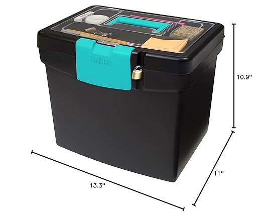 Storex File Storage Box with XL Storage Lid, 10-7/8 x 13-1/4 x 11 Inches, Black/Teal