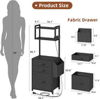 Small 3 Drawer File Cabinet with Charging Station, 45''H, 3-Tier Filing Cabinet for Home Office, 11''*16'' for Small Printer, Fabric Drawer Fits Letter/A4, Tall Printer Stand, Black