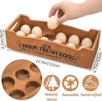 YOUEON Wooden Egg Holder for Countertop, Stackable 2-Tier Egg Crates for 24 Eggs with Handle, Farmhouse Rustic Pinewood Egg Storage Box with “Farm Fresh Eggs” Print, No Assembly Needed