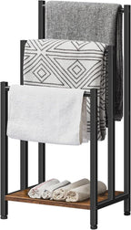 HOOBRO Free Standing Towel Rack, 3 Tier Blanket Rack, Blanket Holder for Bathroom, 16.9" L x 11" W x 31.9" H, Industrial Metal Drying and Display Rack with Shelf, Rustic Brown and Black BF03LB01