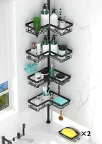 Tension Pole Shower Caddy Corner with 2 Soap Holders, 4 Tier Bathroom Shower Organizer Floor to Ceiling 25-114 inch, Adjustable, Multiple Hooks, Stable Base, Rustproof, Black