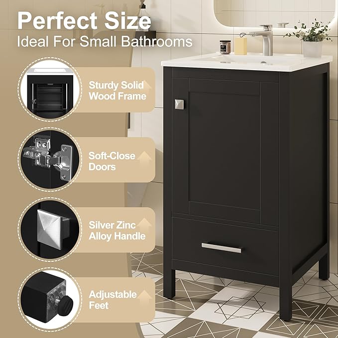 20" Small Bathroom Vanity with Sink, Soft-Close Drawer and Door, Wood Modern Single Bathroom Sink Cabinet with Doors and Shelves, Adjustable Foot Pads, for Small Space (Black)