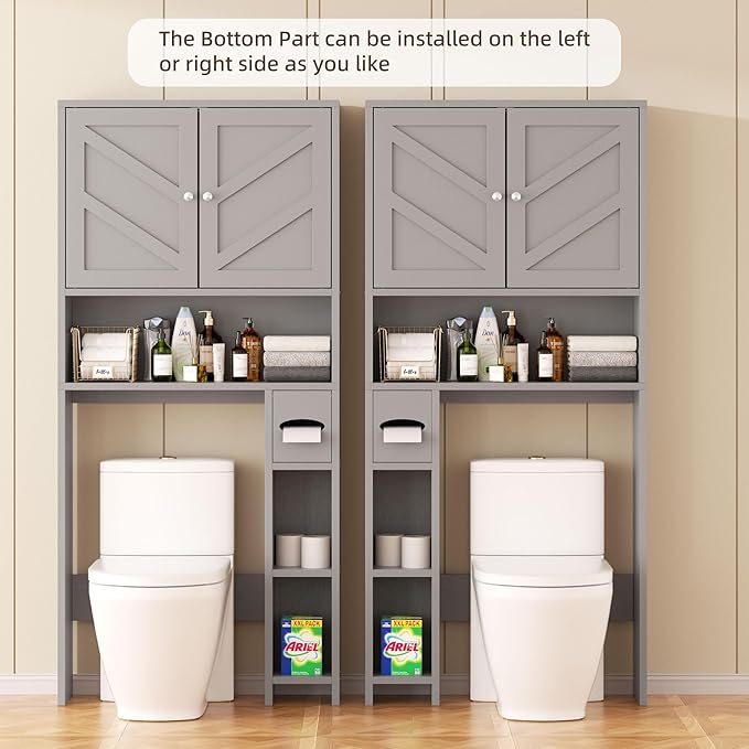 Shintenchi Over the Toilet Storage Cabinet, Bathroom Storage Cabient with Barn Doors, Bathroom Storage Shelf Organizer with Toilet Paper Holder, Adjustable Shelf and Anti-Tip Device, Gray