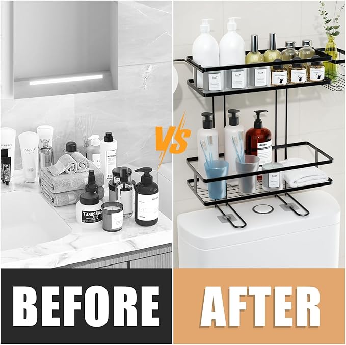 IIQ Over The Toilet Storage,2-Tier Bathroom Organizer Over Toilet with Removable Basket Paper Holder, Above Toilet Storage with Non-Trace Adhesive, No Drilling Toilet Organizer