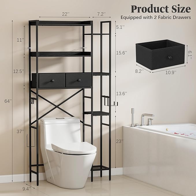 Over The Toilet Storage Shelf with Drawer, 7-Tier Above Toilet Bathroom Organizer with Adjustable Side Shelves, Space Saver Freestanding Rack with Holder & Hook for Laundry Kitchen (Black)