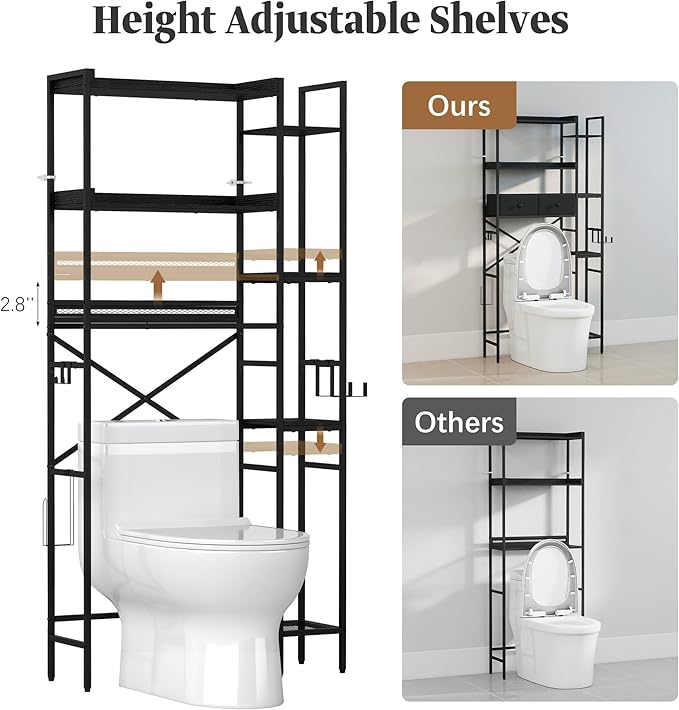 Over The Toilet Storage Shelf with Drawer, 7-Tier Above Toilet Bathroom Organizer with Adjustable Side Shelves, Space Saver Freestanding Rack with Holder & Hook for Laundry Kitchen (Black)