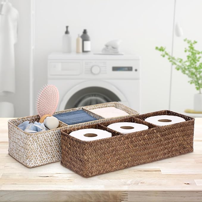 Hipiwe Handwoven Seagrass Storage Basket 3 Sections Toilet Tank Paper Basket Wicker Shelf Basket for Pantry Kitchen Living Room Home Decor, Whitewash