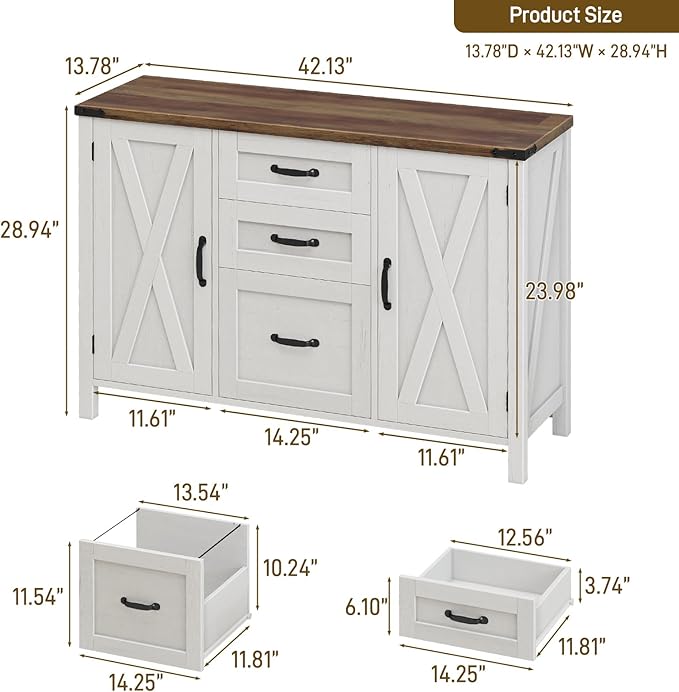 3 Drawer File Cabinet, Farmhouse Lateral Filing Cabinet with Doors Fits Letter or A4 Size, Wooden Printer Stand with Open Storage Adjustable Shelf for Home Office, Rustic White