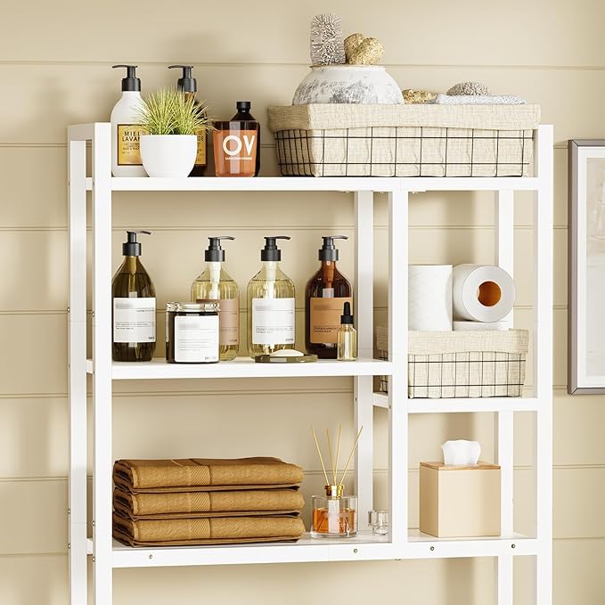 Over The Toilet Storage Rack, 3-Tier Bathroom Organizer Over Toilet, Wooden Above Toilet Storage Shelf, Space Saver, Freestanding Bathroom Storage Metal Shelf, Easy to Assemble, White
