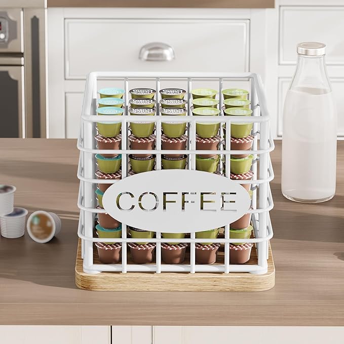 Coffee Pod Holder for K Cup, Large Capacity Coffee Pod Organizer, Versatile Coffee Capsule Storage Basket with Wooden Base, White KH10WN