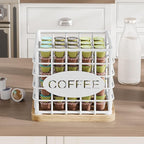 Coffee Pod Holder for K Cup, Large Capacity Coffee Pod Organizer, Versatile Coffee Capsule Storage Basket with Wooden Base, White KH10WN