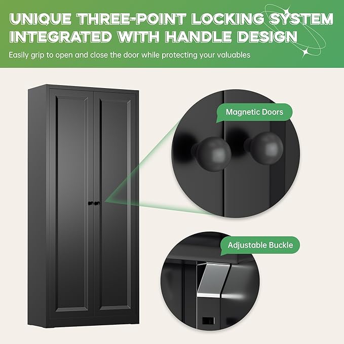 INTERGREAT Metal Storage Cabinet with Magnetic Doors, 63" H Traditional European Style Metal Cabinets with 2 Doors and 4 Adjustable Shelves for Home Office, Kitchen, Bathroom (Black)