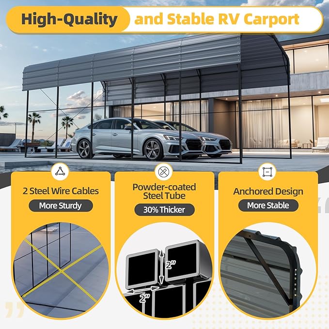 EROMMY 14x25 FT RV Metal Carport with Reinforced Frame, Weather-Resistant Galvanized Roof Shelter for Vehicles, Trucks, Boats, SUVs, Gray