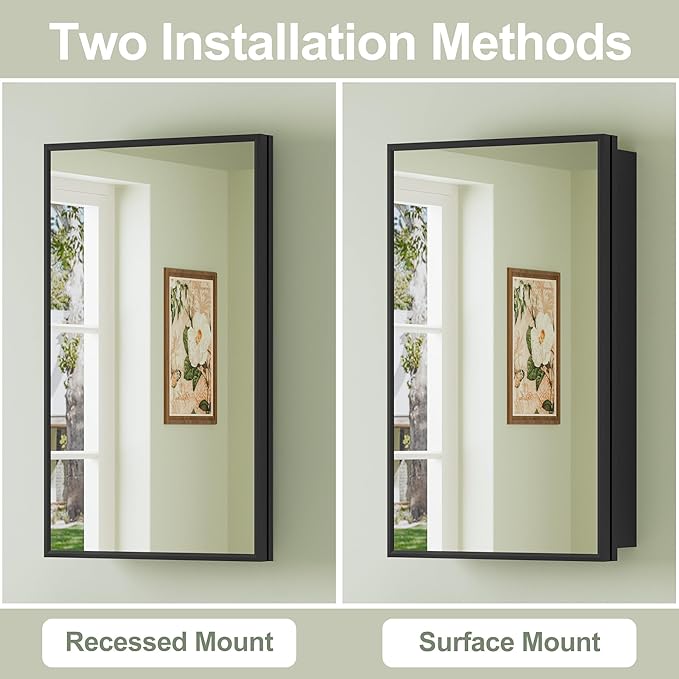 Buruis 14"x 24" Small Framed Medicine Cabinet with Mirror, Compact Recessed or Wall Mounted Bathroom Cabinet, Adjustable Tempered Glass Shelves, Left/Right Open Reversible, No Assembly Required, Black