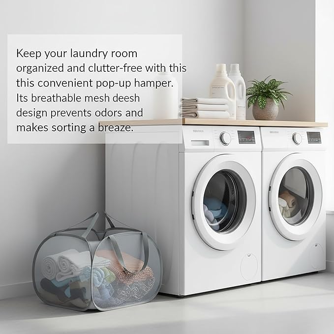 Kimmama Collapsible Mesh Laundry Basket, Foldable Pop Up Laundry Hamper with Side Pocket, Removable Clothes Storage Bin with Handle for Laundry Room, College Drom, Bathroom, Kid Room, Travel, 95L