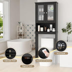 Nuturelly Over The Toilet Storage Cabinet, Bathroom Storage Organizer with Adjustable Shelves and Double Glass Doors, Freestanding Above Toilet Storage with Open Shelf, Wooden Toilet Rack(Black)
