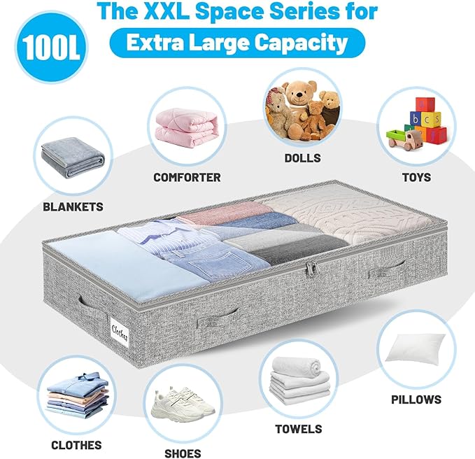 4 Pack 100L Under Bed Storage Containers, Low Profile Closet Organizers and Storage Bins for Dorm, Foldable Underbed Bag for Clothes, Blanket, Sheets, Wrapping Paper, Clear Window & Dual Zippers, Grey