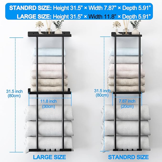 Towel Rack for Bathroom, Wall Mounted Vertical Rolled Towel Storage Organizer Holder with Shelf, Holds Up 6 Large Bath Sheets, White Large Size