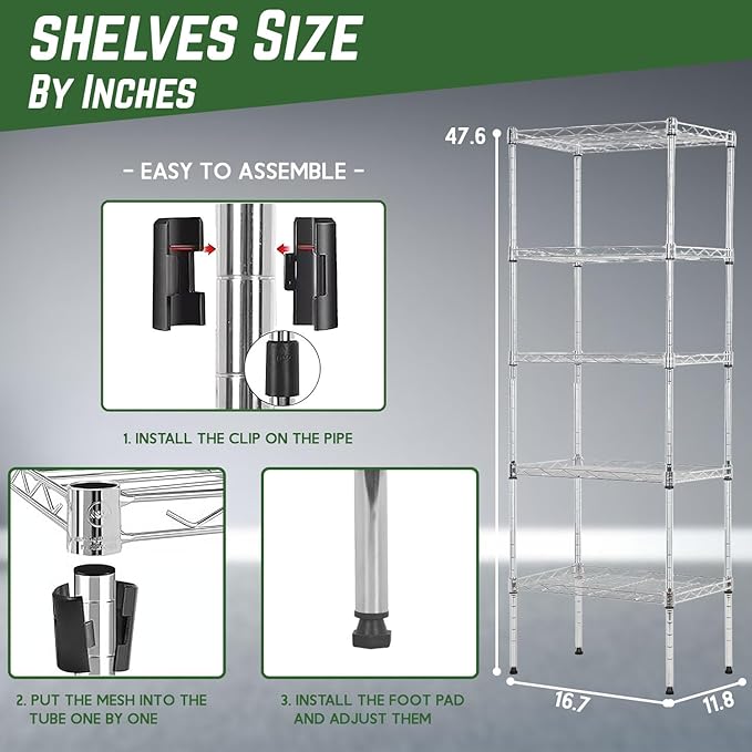 PayLessHere | 5-Tier Wire Shelf | 17"x12"x48" | Chrome | Adjustable Racks | Heavy-Duty Storage Shelves, Holds Upto 750 lbs | Rust-Resistant, No-Tool Assembly | for Home, Garage Shelving