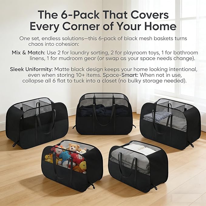 Pop Up Laundry Hamper,Collapsible Laundry Baskets,6-Piece Tear-proof Laundry Basket,Laundry Basket with enhanced handle oldable Mesh Storage Bin for Home, Dorm, Travel (Black)