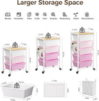 Rolling Cart with 4 Drawers, Plastic Drawer Storage Carts with Wheels & Wooden Tabletop, Metal Utility Cart with Pegboards, Office Living Room Classroom Craft Organization and Storage, Bright Pink