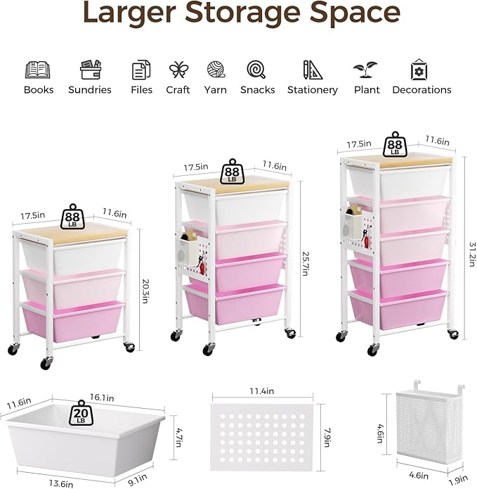 Rolling Cart with 4 Drawers, Plastic Drawer Storage Carts with Wheels & Wooden Tabletop, Metal Utility Cart with Pegboards, Office Living Room Classroom Craft Organization and Storage, Bright Pink