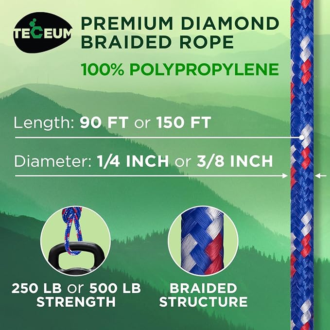TECEUM Rope – 90 Feet x 3/8 Inch (10mm) – Patriot Mix – Strong All-Purpose Utility Rope – Camping, Crafting, Flag Pole, Indoor & Outdoor – Polypropylene Nylon Poly Lightweight Diamond Braided Cord