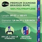 TECEUM Rope – 90 Feet x 1/4 Inch (7mm) – Patriot Mix – Strong All-Purpose Utility Rope – Camping, Crafting, Flag Pole, Indoor & Outdoor – Polypropylene Nylon Poly Lightweight Diamond Braided Cord