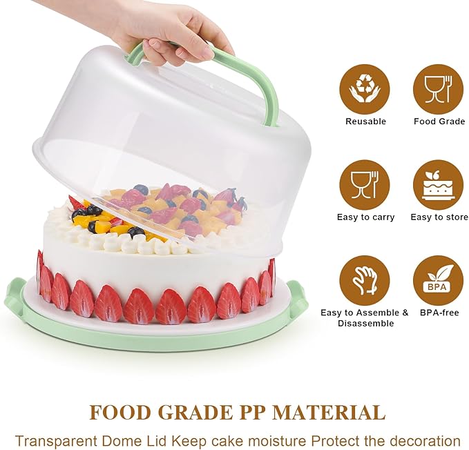 Cake Carrier with Lid and Handle, Cake Containers Cake Holder for 10 inch Cake with 2 Handles Cupcake Carrier - Plastic Cover Two Sided Base for Transport Pie Nuts Fruit Perfect Gifts，BPA-Free