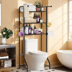 3-Tier Over The Toilet Storage Shelf，Bathroom Organizers and Storage Over Toilet，Metal Bathroom Space Saver with 2 Bars，1 Paper Holder and 4 Hooks,Black